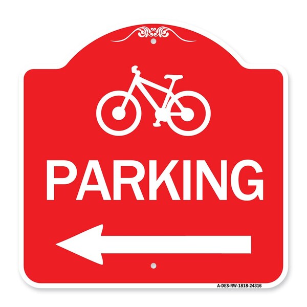 Signmission Bicycle Symbol Parking Left Arrow, Red & White Aluminum Architectural Sign, 18" x 18", RW-1818-24316 A-DES-RW-1818-24316 - main
